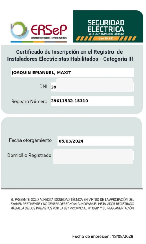 Credencial de Joaquín Emanuel Maxit como Electricista Habilitado ERSeP Categoría III